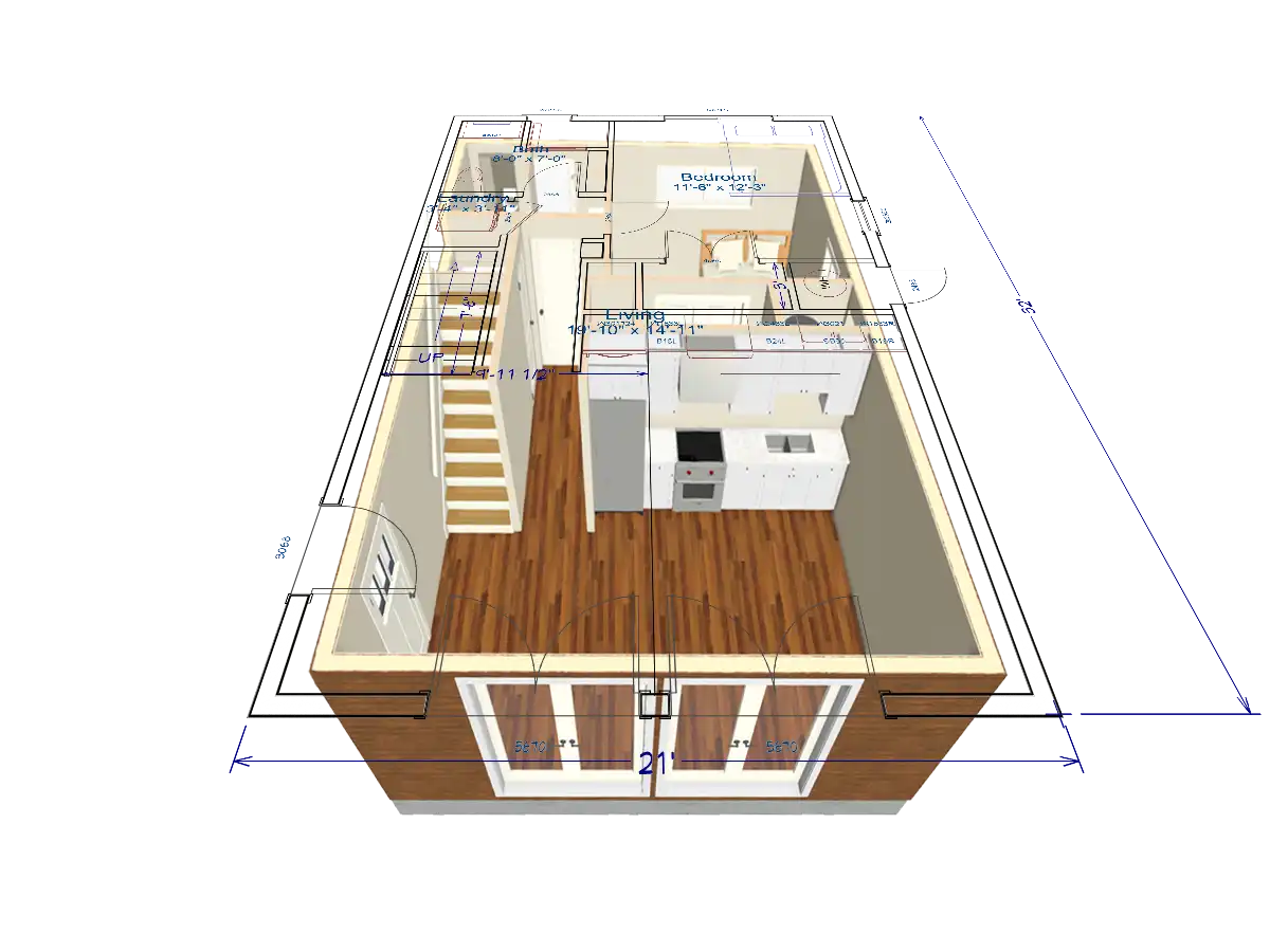 Render plan of the main floor from ADU Project in New Mexico